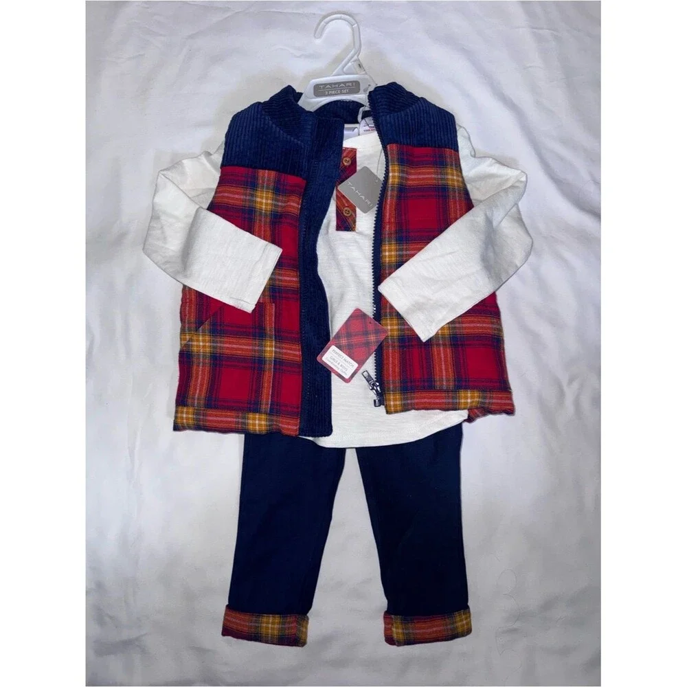 Tahari size 2t Red & blue Plaid Vest with Cream Top and pants 3 piece outfit NWT